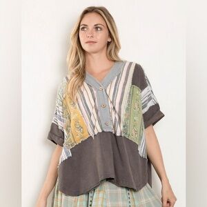 #114 New! Boho Patchwork Top with Buttons